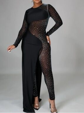 Black Rhinestone Sheer-Panel Maxi Dress with Long Sleeves